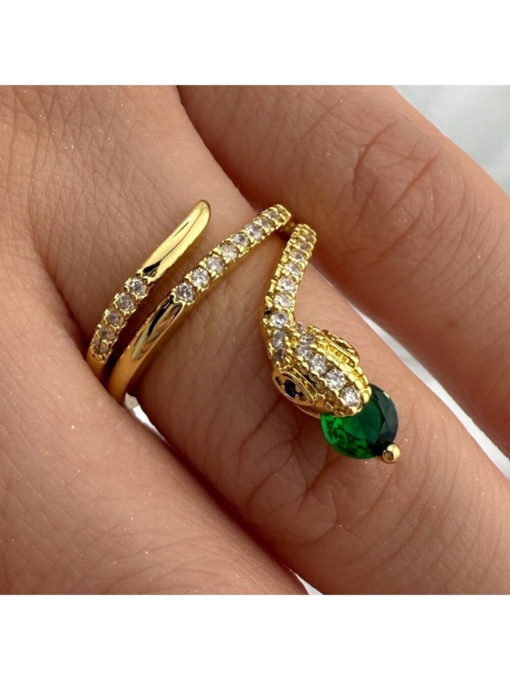 Serpent serpentine Gold Snake Ring – Green Crystal Adjustable Statement